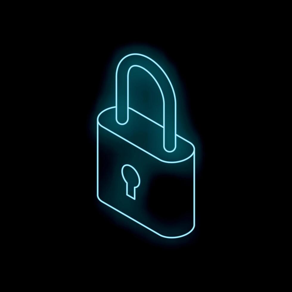 Blue neon padlock glowing on black background vector