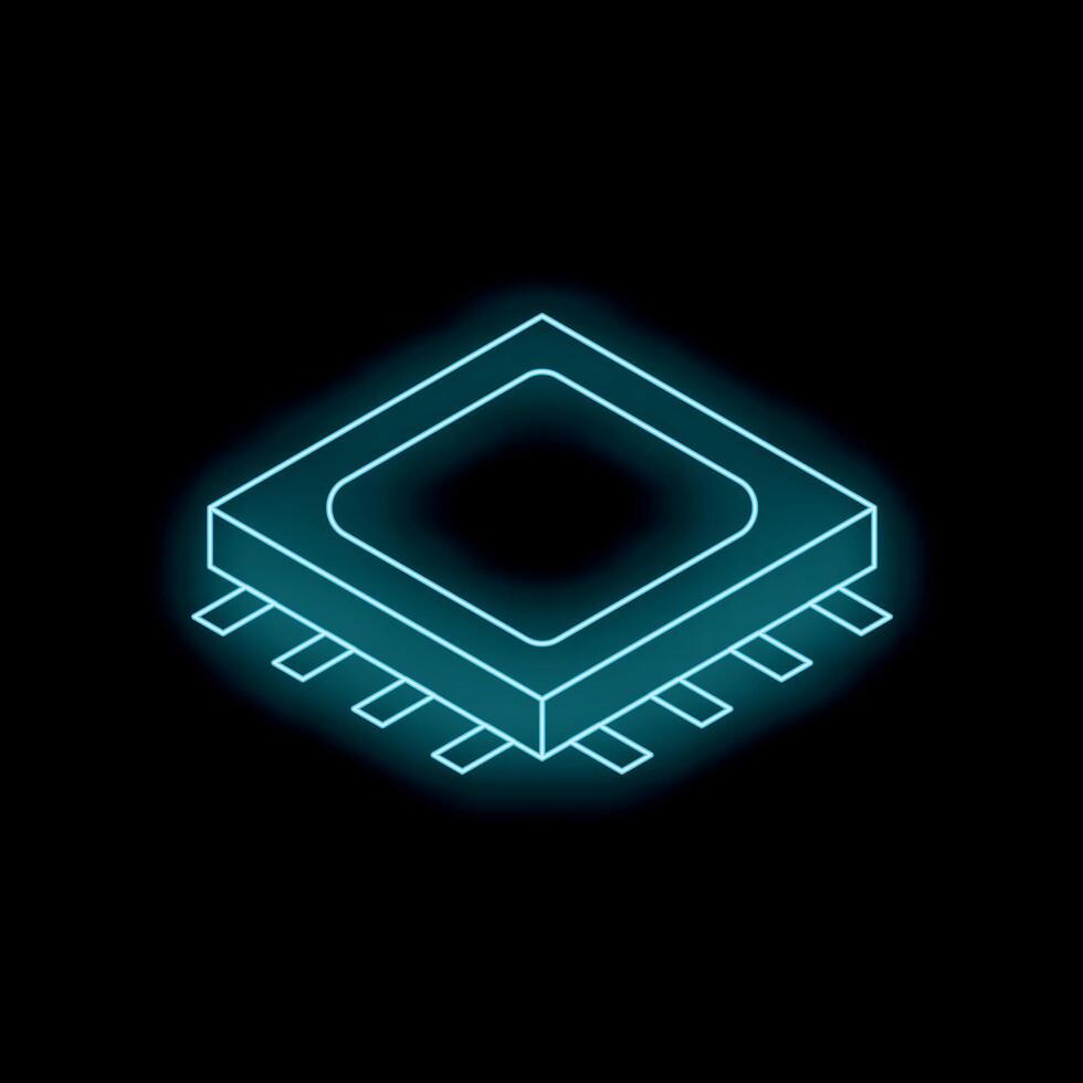 Neon blue microchip glowing on dark background vector