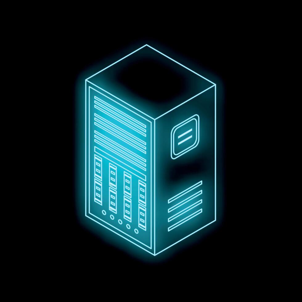 Glowing blue server unit icon representing data storage and processing vector