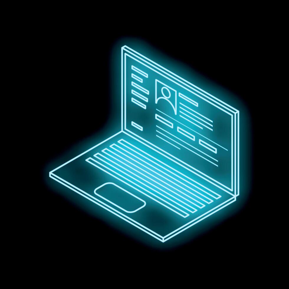 Neon blue laptop displaying a profile page on a black background vector