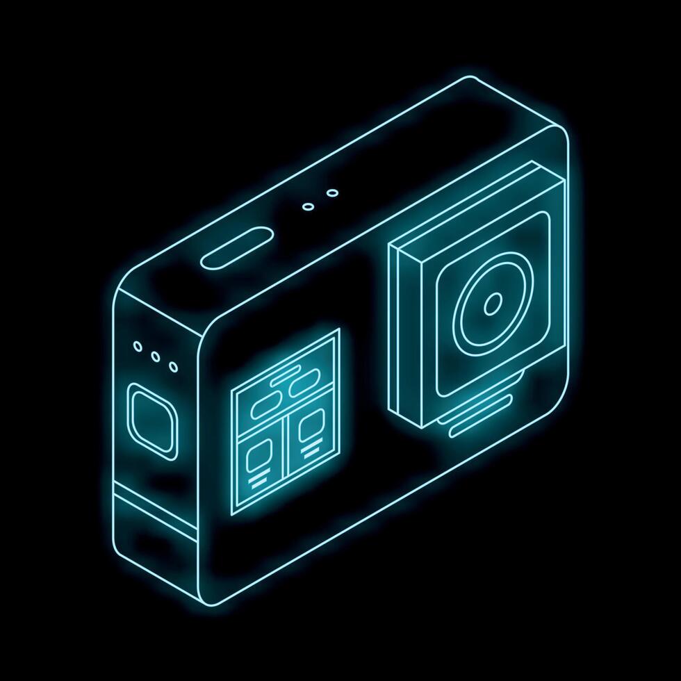 Neon blue action camera showing display screen isometric view vector