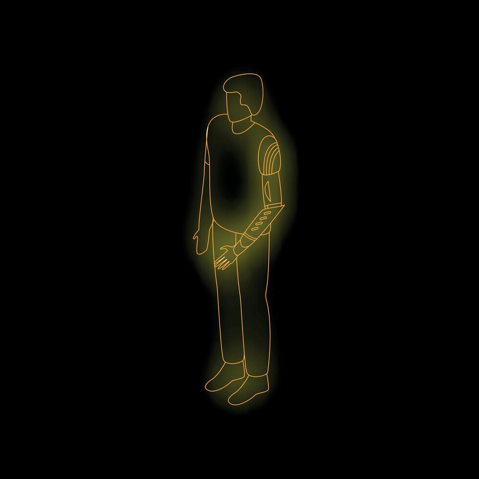 Man with robotic arm standing on black background vector