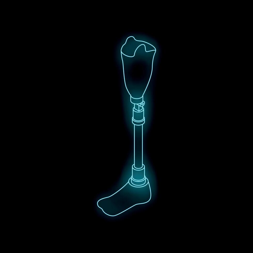 Blue neon outline of a prosthetic leg showing transfemoral amputation vector