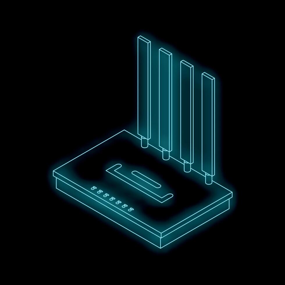 Neon router glowing on dark background representing internet connection vector