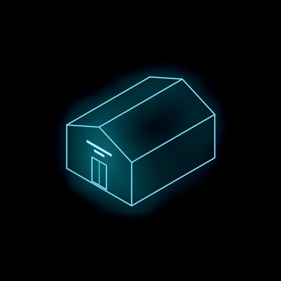 Neon blue warehouse building glowing on black background vector