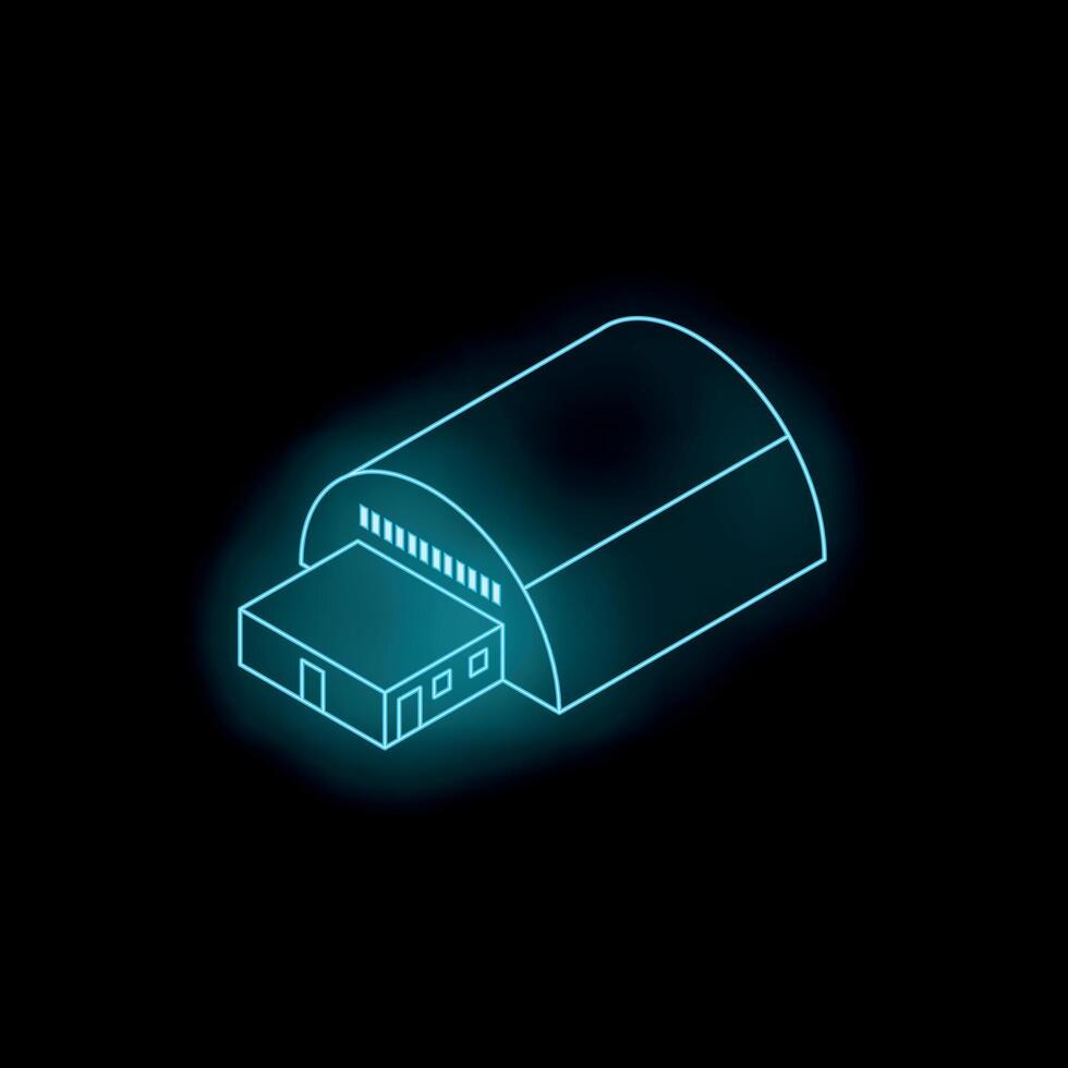 Neon blue warehouse building shining on black background vector
