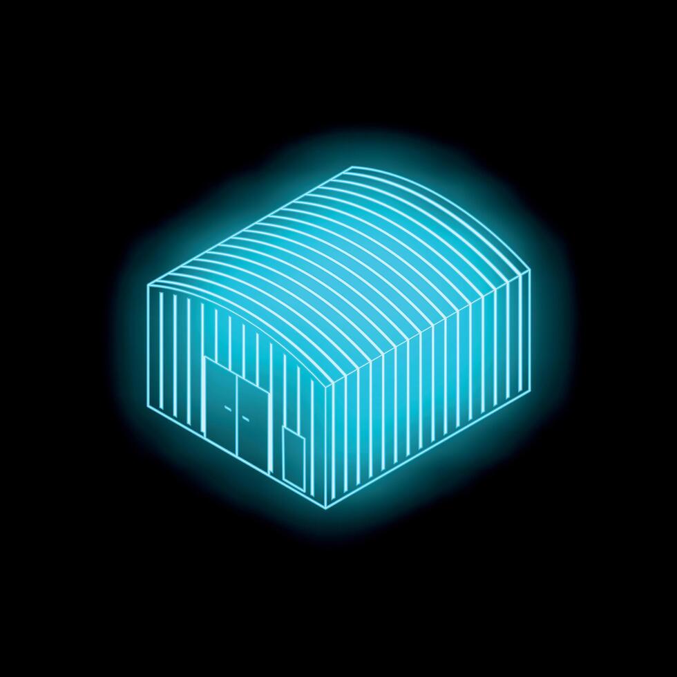 Neon blue warehouse building shining on black background vector