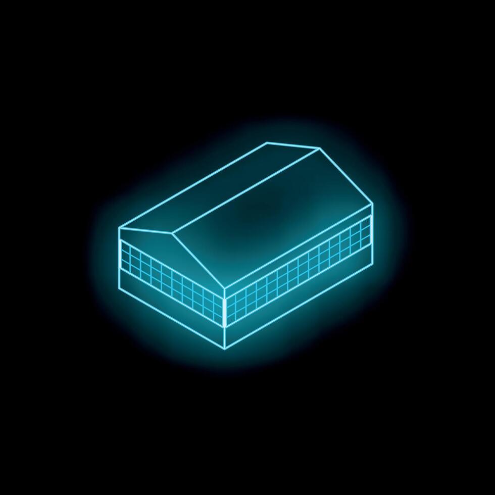 Neon blue warehouse building shining on black background vector