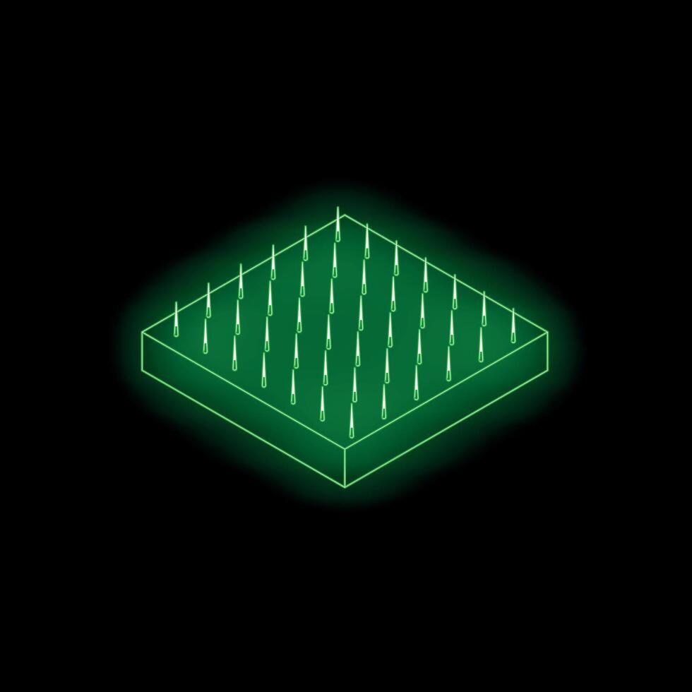 Neon green lawn growing from square soil isometric view on black background vector