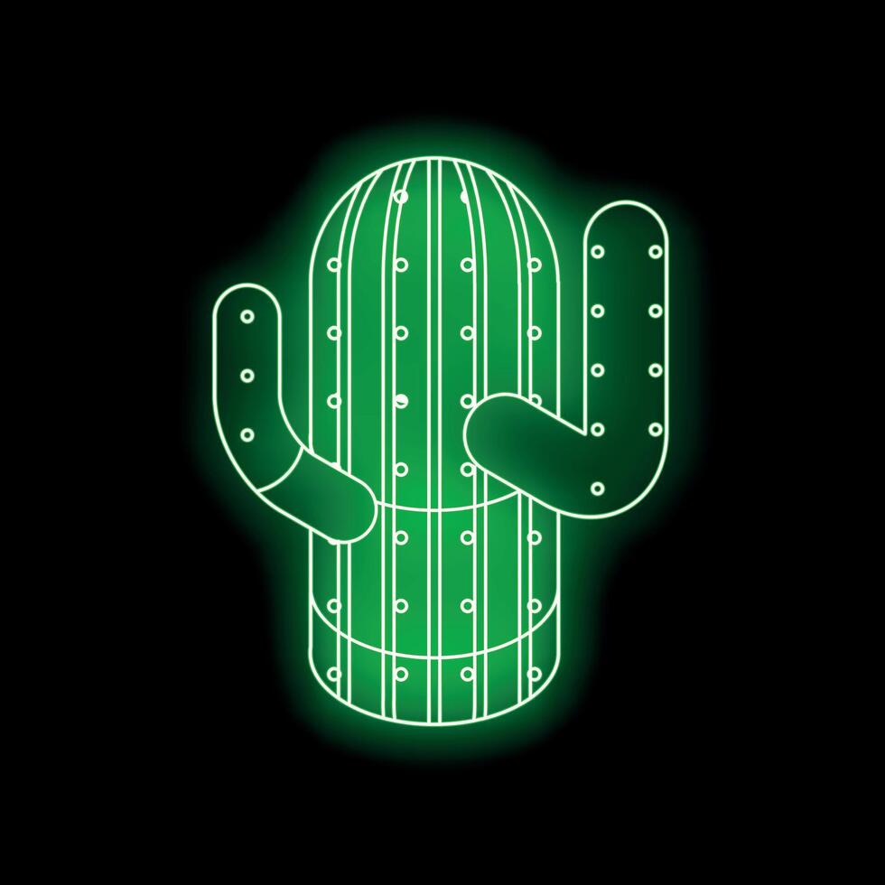Green neon cactus glowing on black background vector
