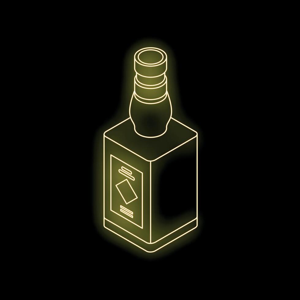 Golden neon style isometric whiskey bottle shining on black background vector