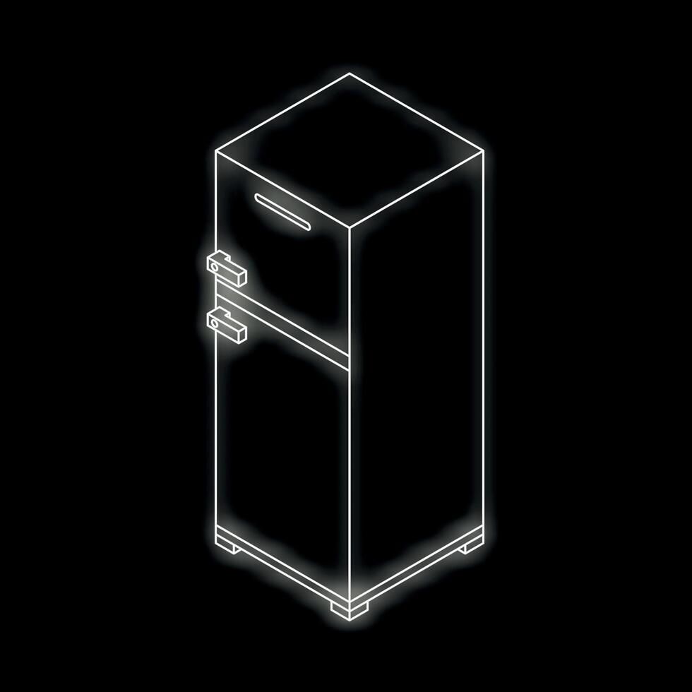 White glowing neon refrigerator on a black background. Isometric view. 3d illustration vector