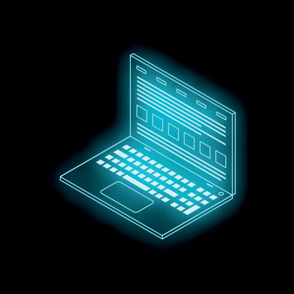 Neon blue laptop showing website interface in isometric view vector