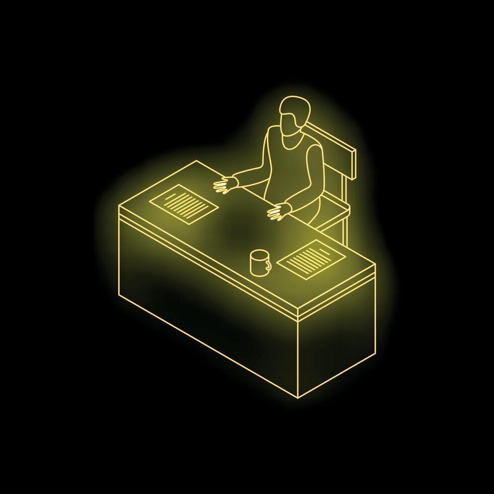 Neon isometric icon of a businessman sitting at his desk working vector