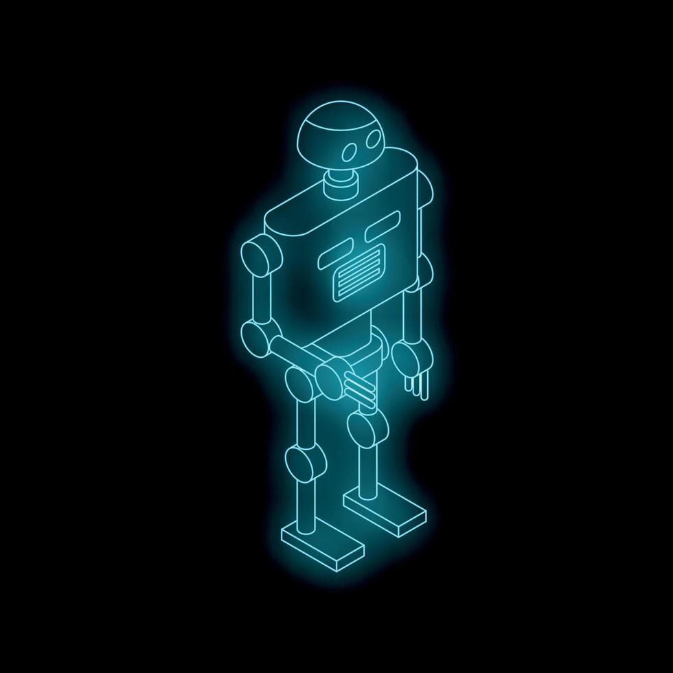 Neon blue robot standing isometric view vector