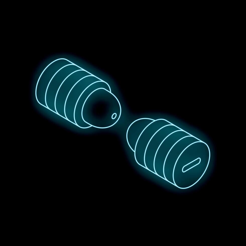Two wireless earbuds lying separately forming neon blue contour on black background vector