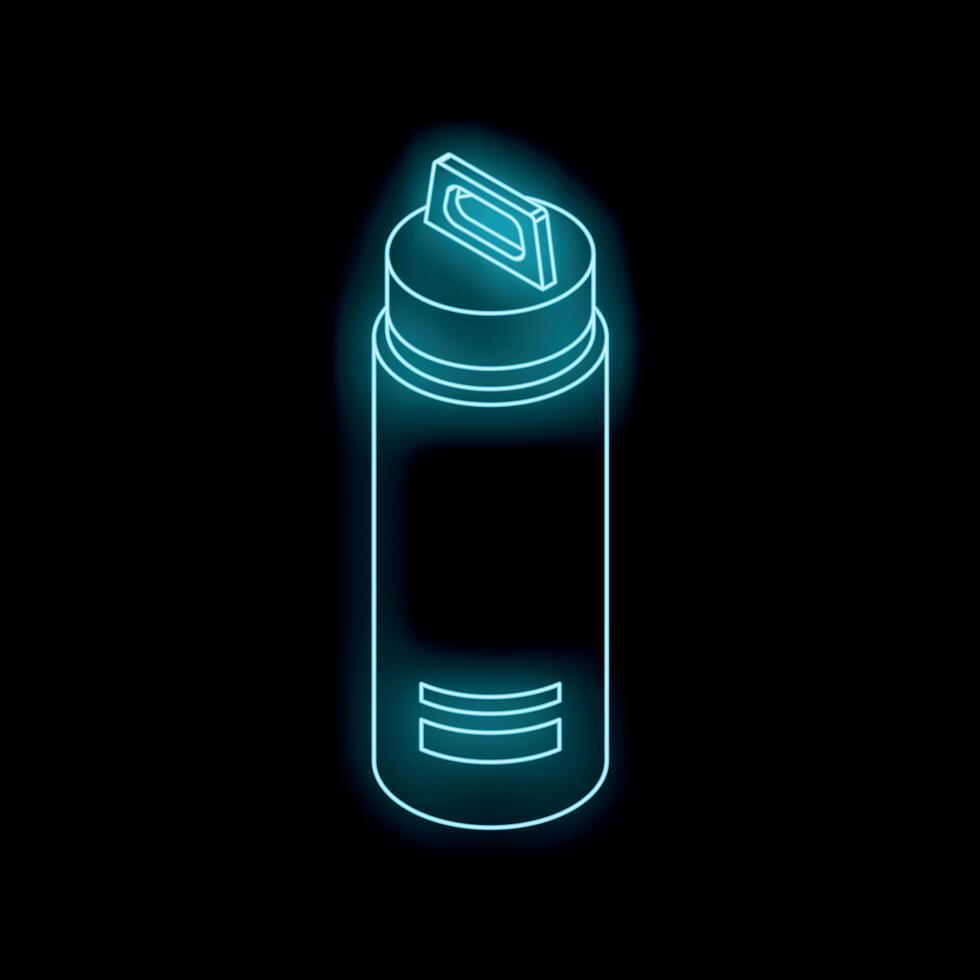 Blue neon thermos flask glowing on black background vector
