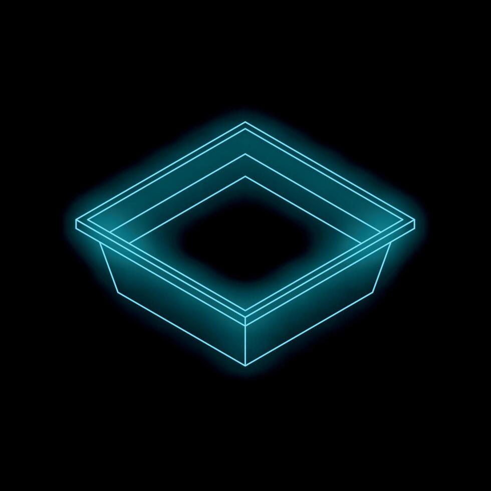Neon blue square empty container glowing on black background vector