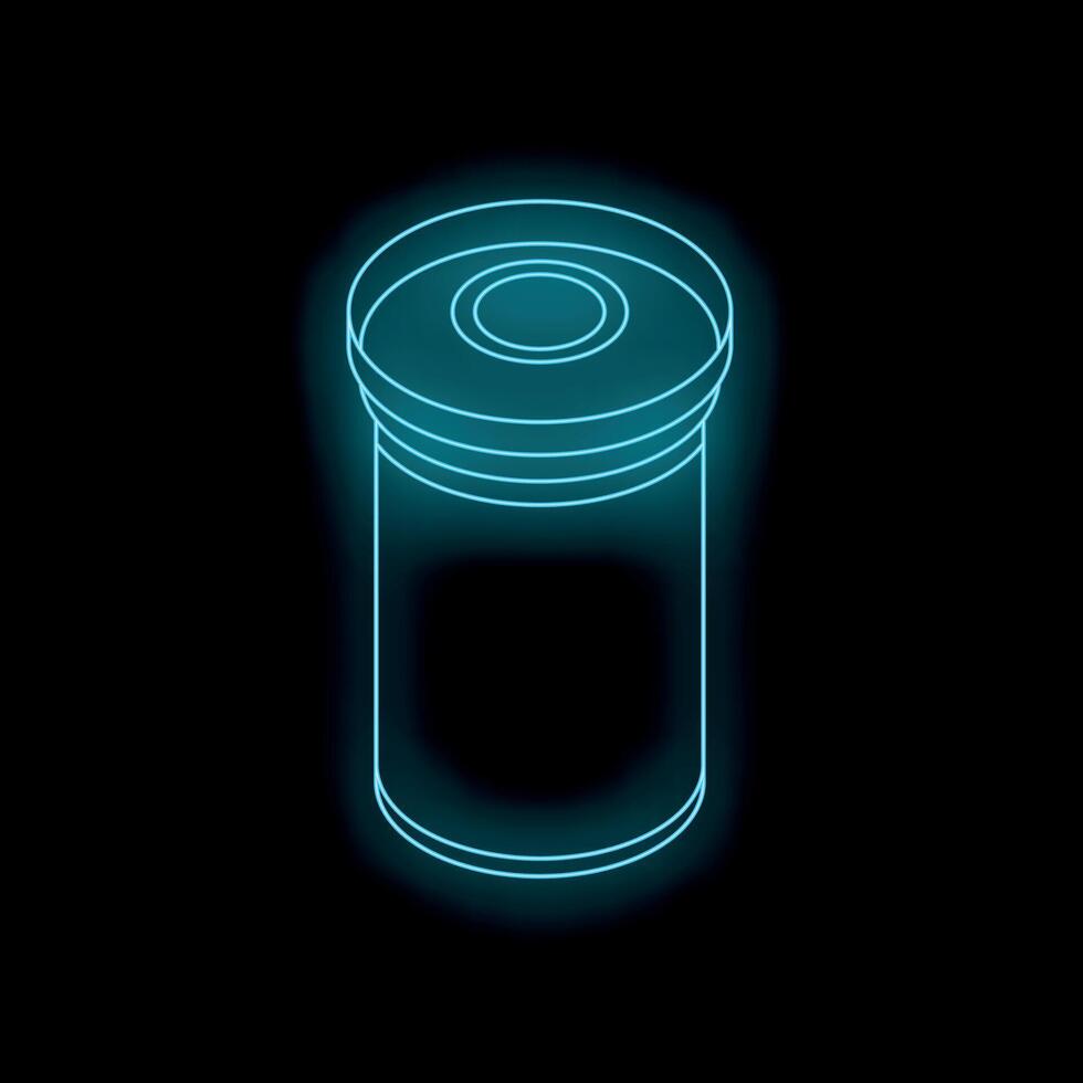 Glowing neon blue medicine bottle on black background vector