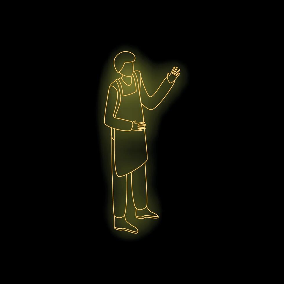Neon style male shop assistant greeting with hand gesture vector