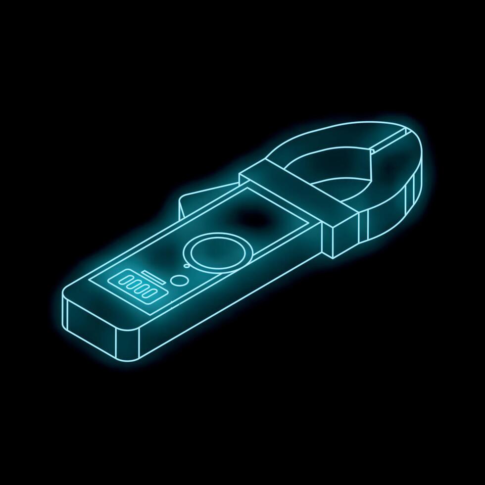 Digital clamp meter with glowing blue lines on black background vector