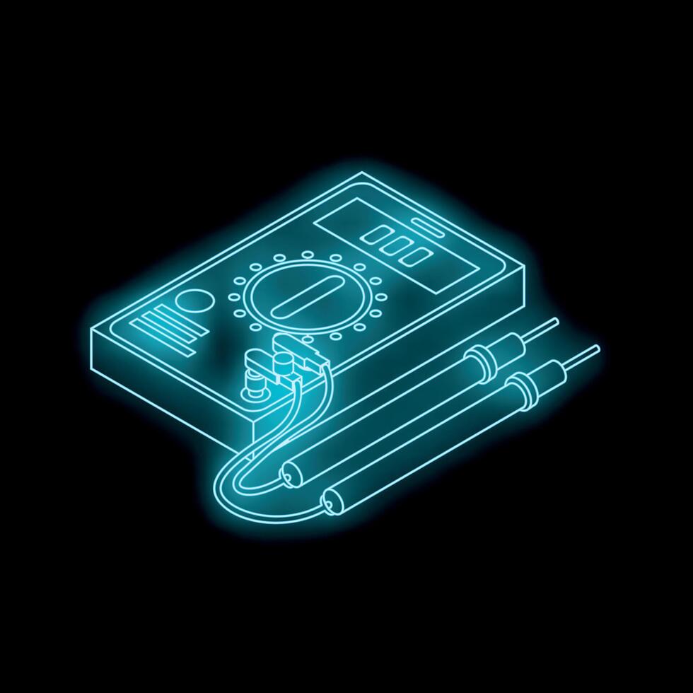 Digital multimeter with probes is glowing blue neon color on black background vector