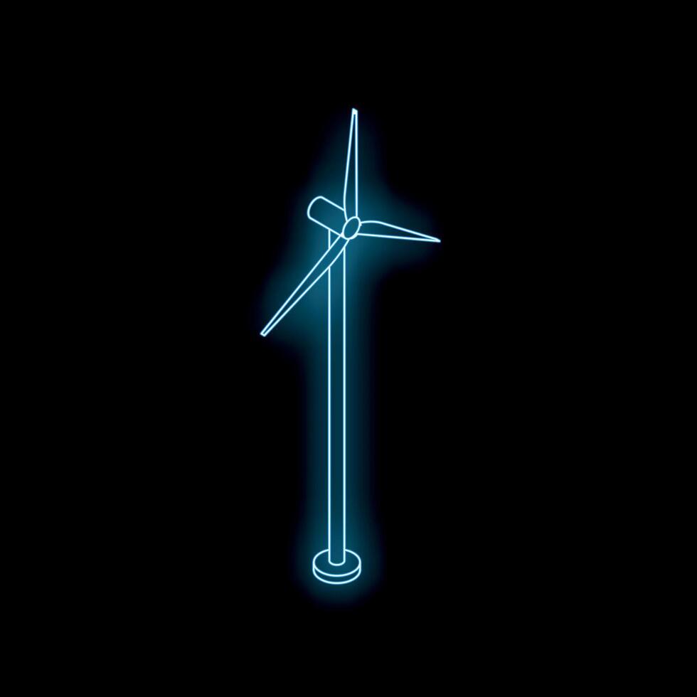 Neon wind turbine generating renewable energy on black background vector
