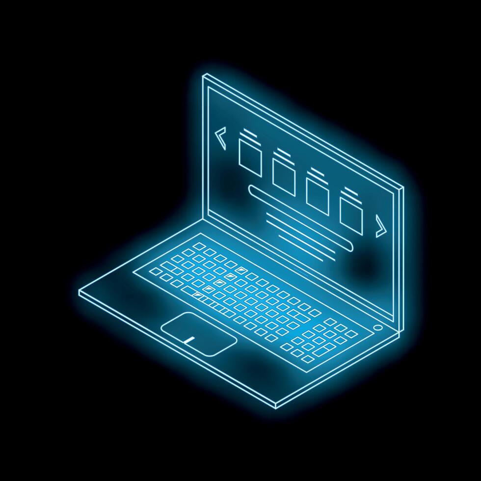 Neon blue laptop computer showing software interface on screen vector