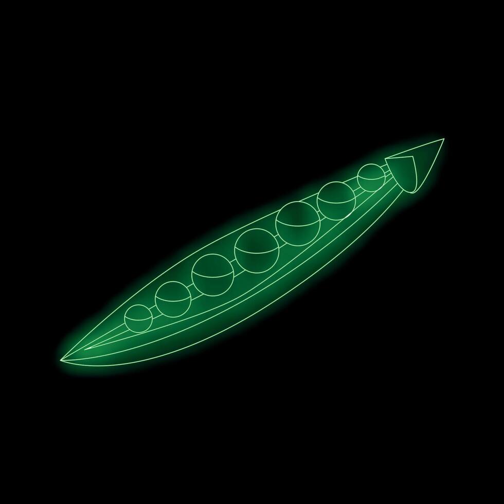Green neon sign showing open pea pod on black background vector