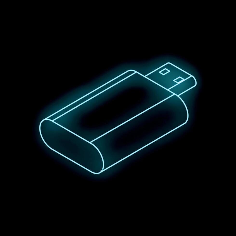 Neon usb flash drive glowing on black background vector