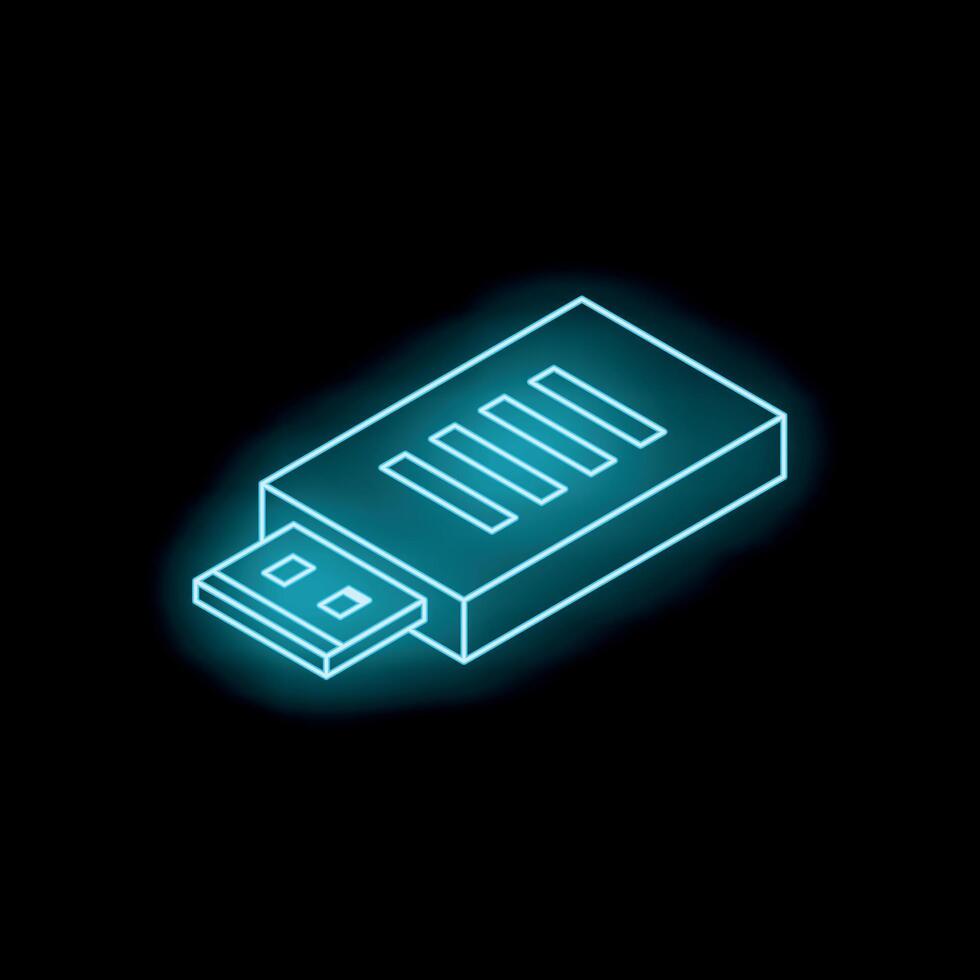 Neon blue usb flash drive glowing on black background vector