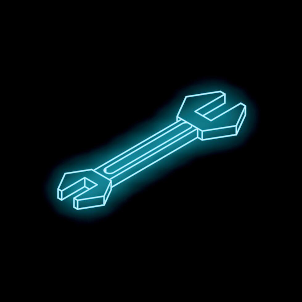 Blue neon wrench glowing on black background vector