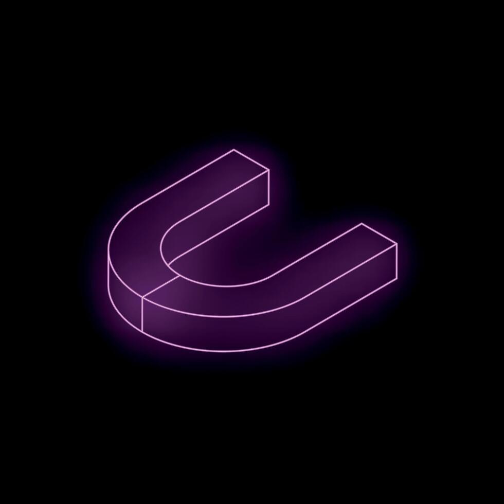 Purple neon horseshoe magnet glowing on black background vector