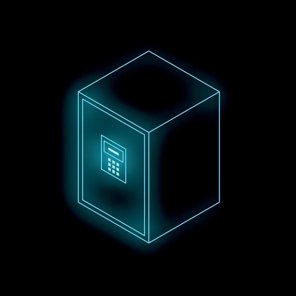 Neon blue safe box glowing on black background vector