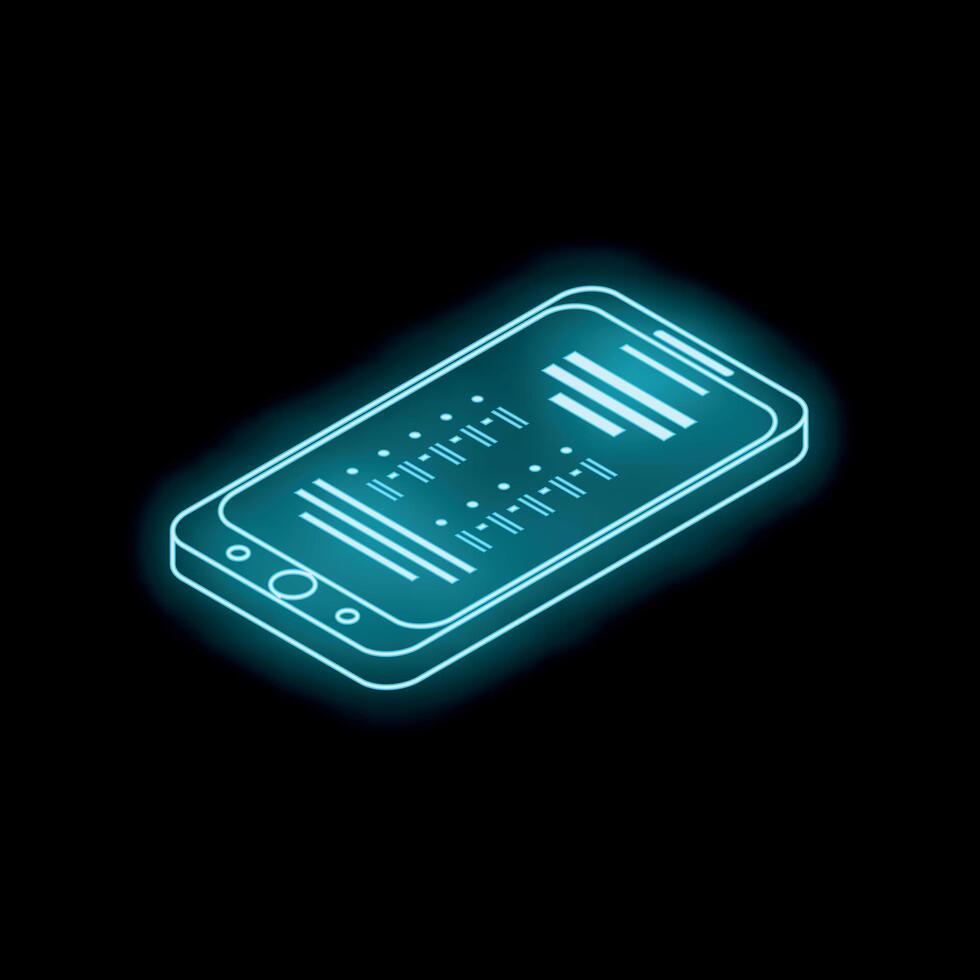 Neon smartphone showing data on black background vector