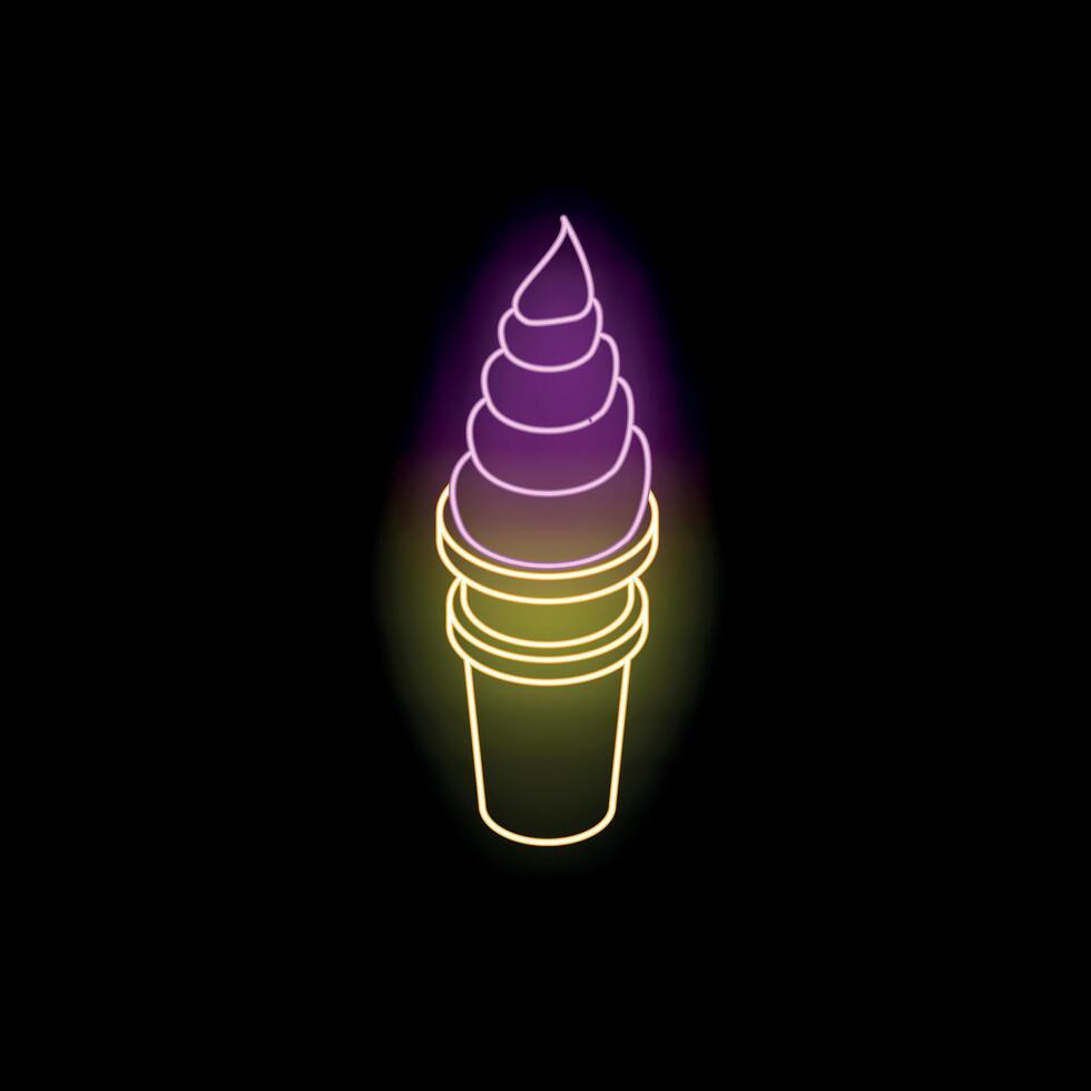 Neon sign depicting ice cream cone shining on black background vector