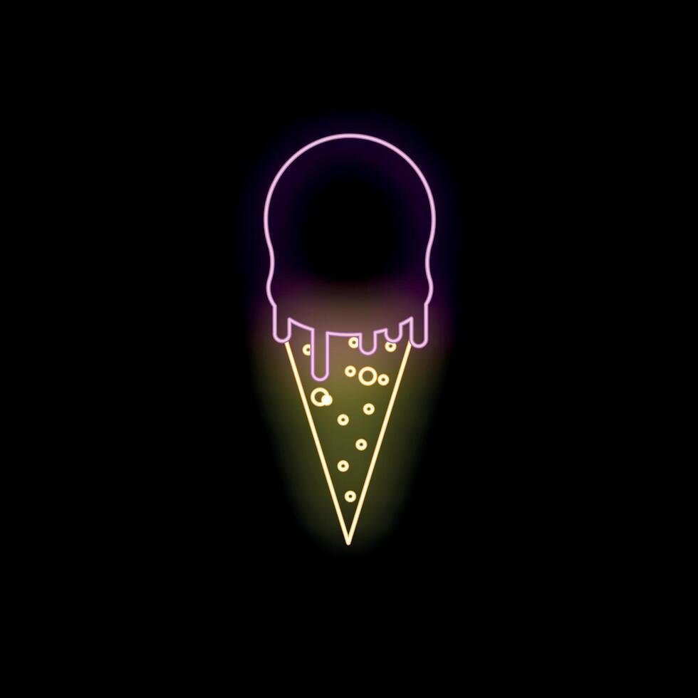 Neon ice cream cone melting on black background vector