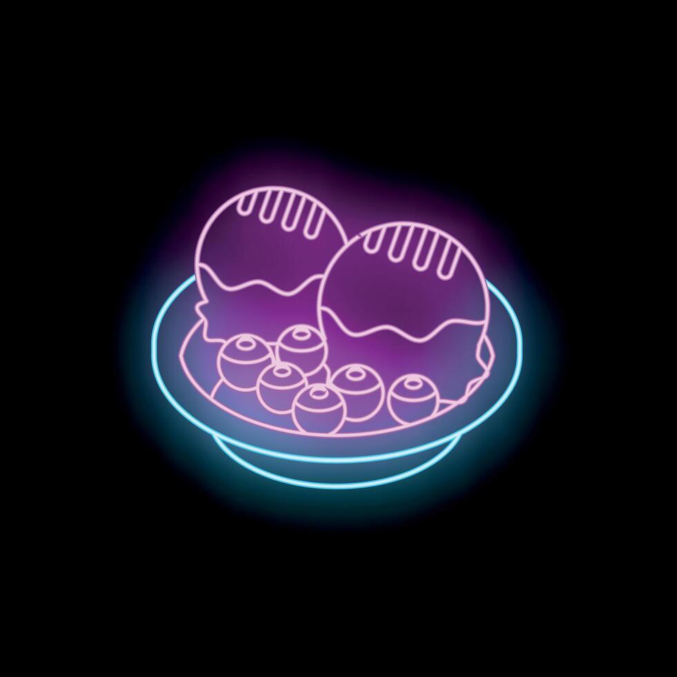 Neon sign showing ice cream dessert with blueberries on a plate vector