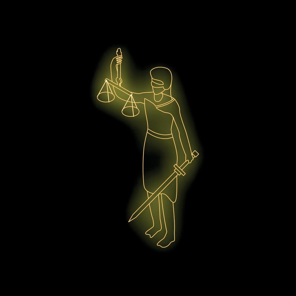 Neon lady justice holding scales and sword balancing law and order vector