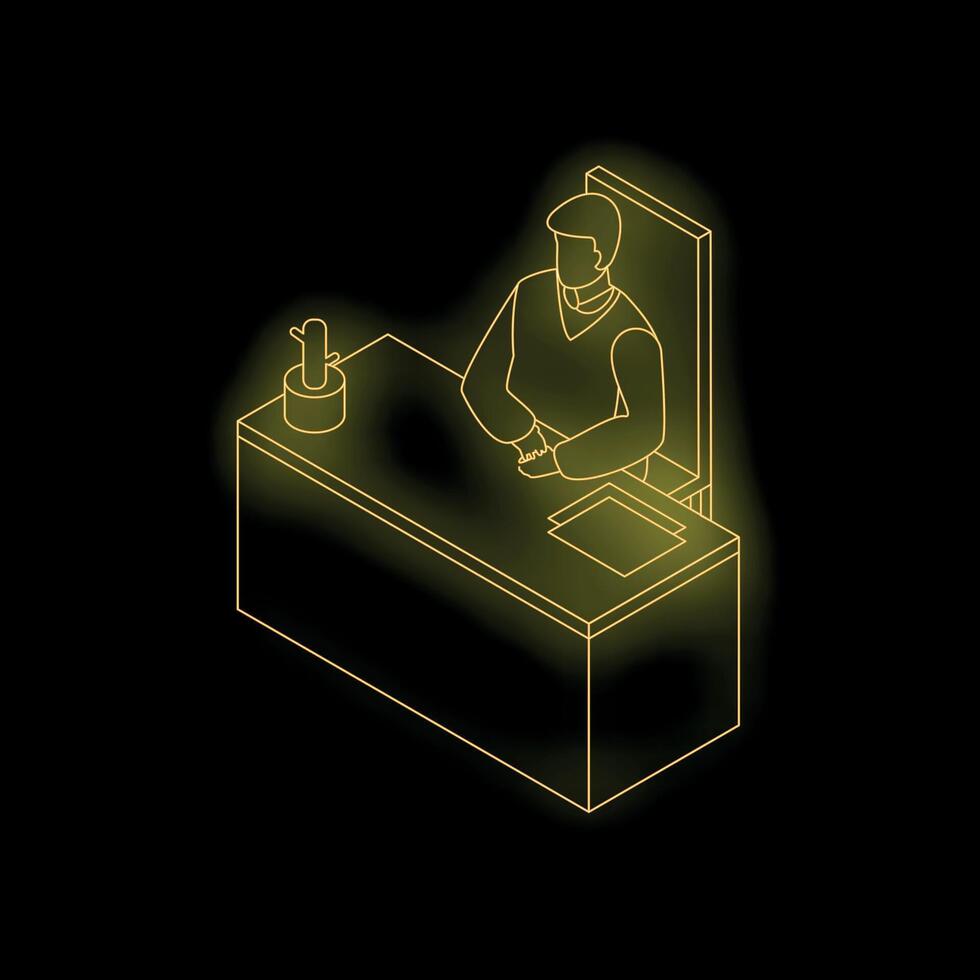 Businessman working at desk in office isometric neon icon vector