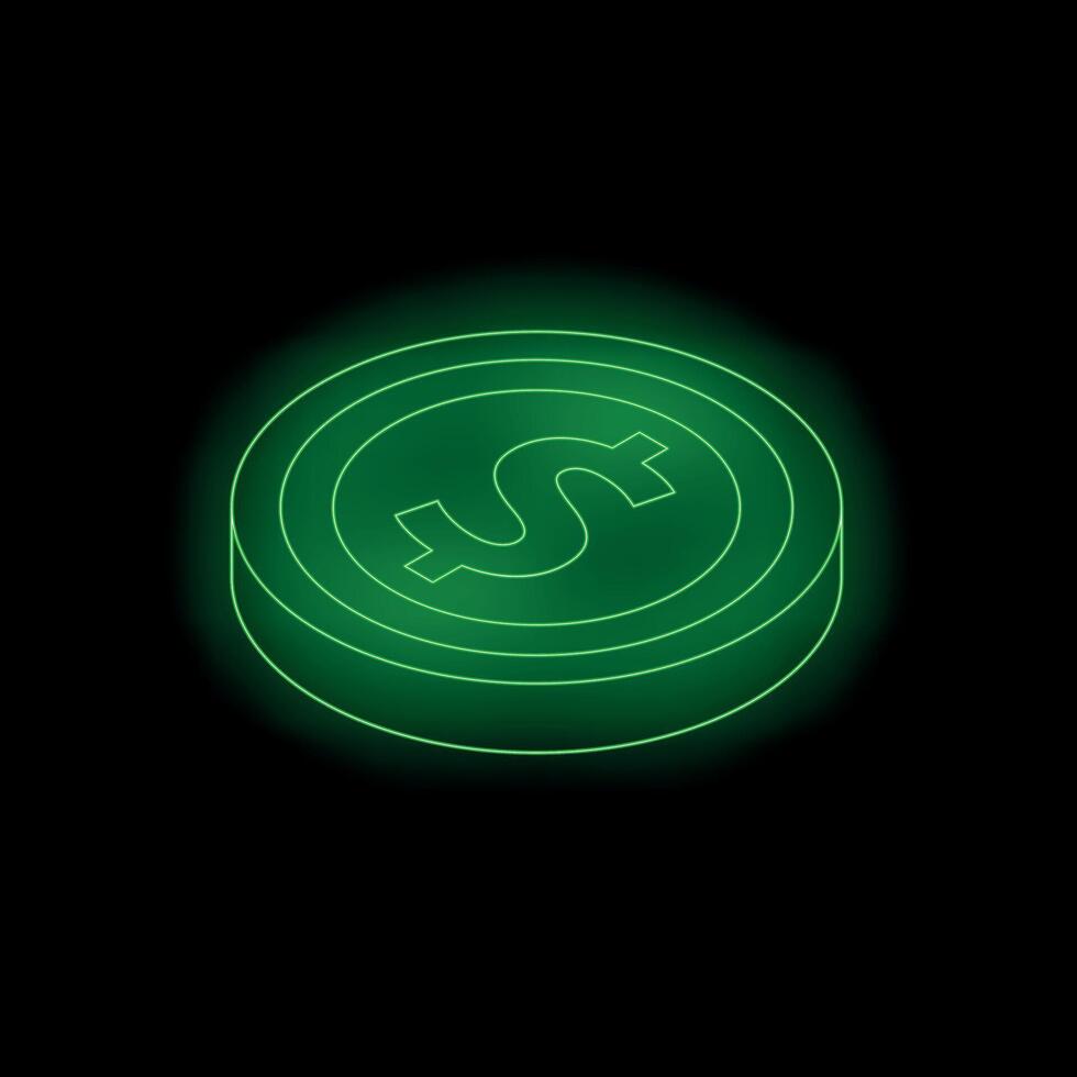 Green neon glowing dollar coin on a black background vector
