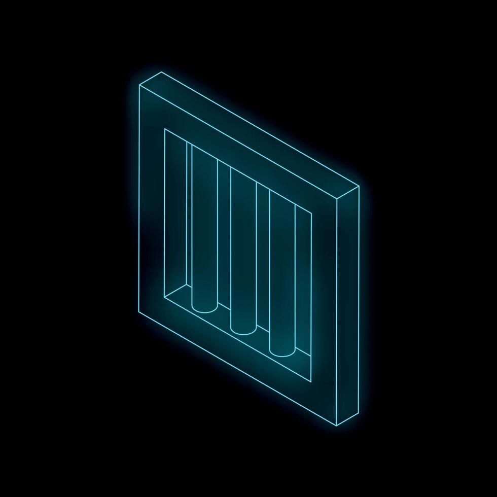 Glowing neon prison cell bars behind square window frame vector