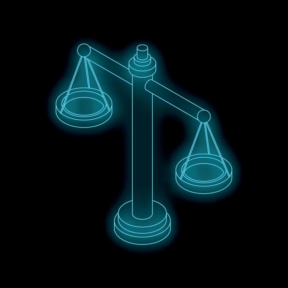 Glowing neon blue scales of justice balancing on black background vector