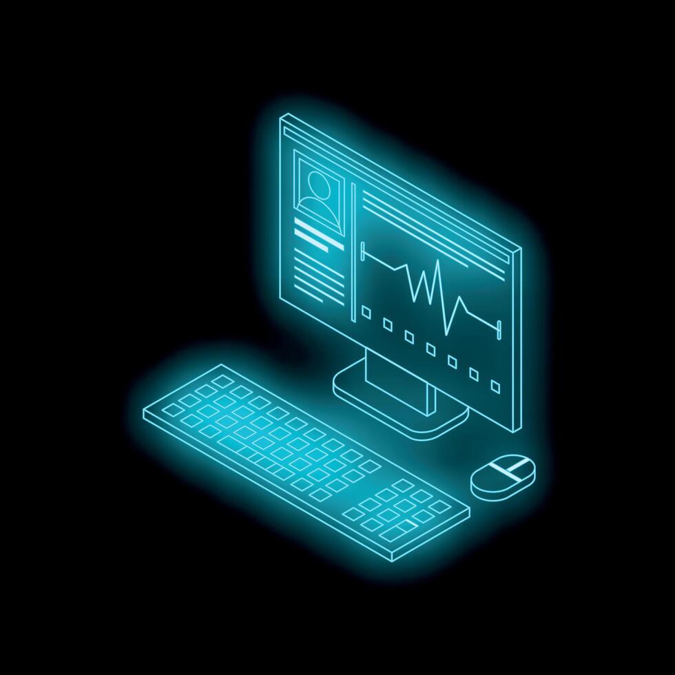 Neon medical desktop computer showing patient data with keyboard and mouse vector