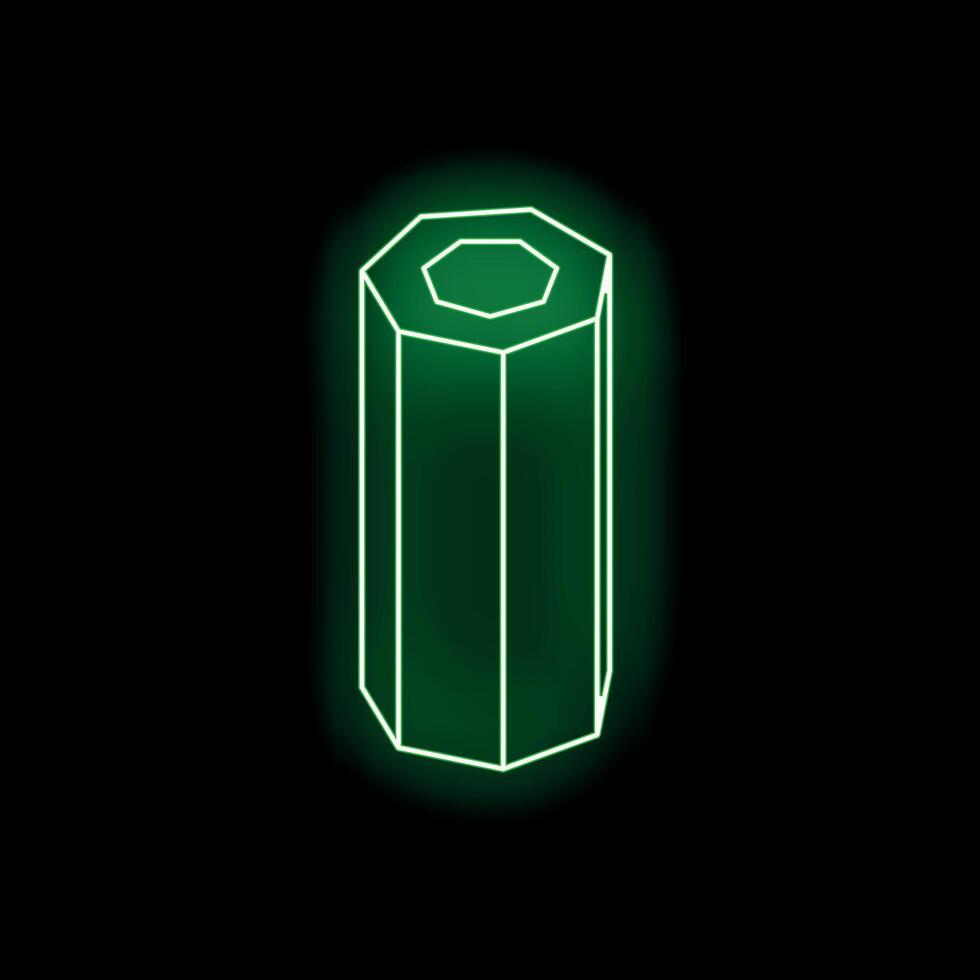 Green neon hexagonal prism glowing on black background vector