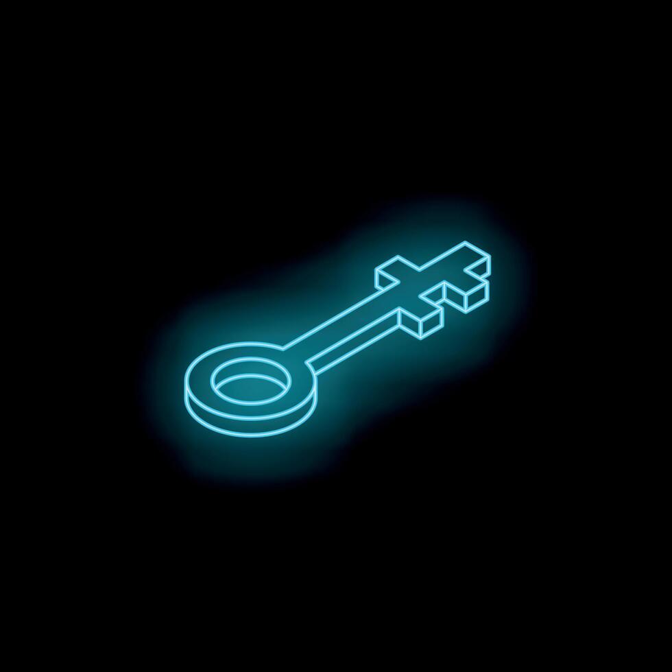 Blue neon key sign glowing on black background vector