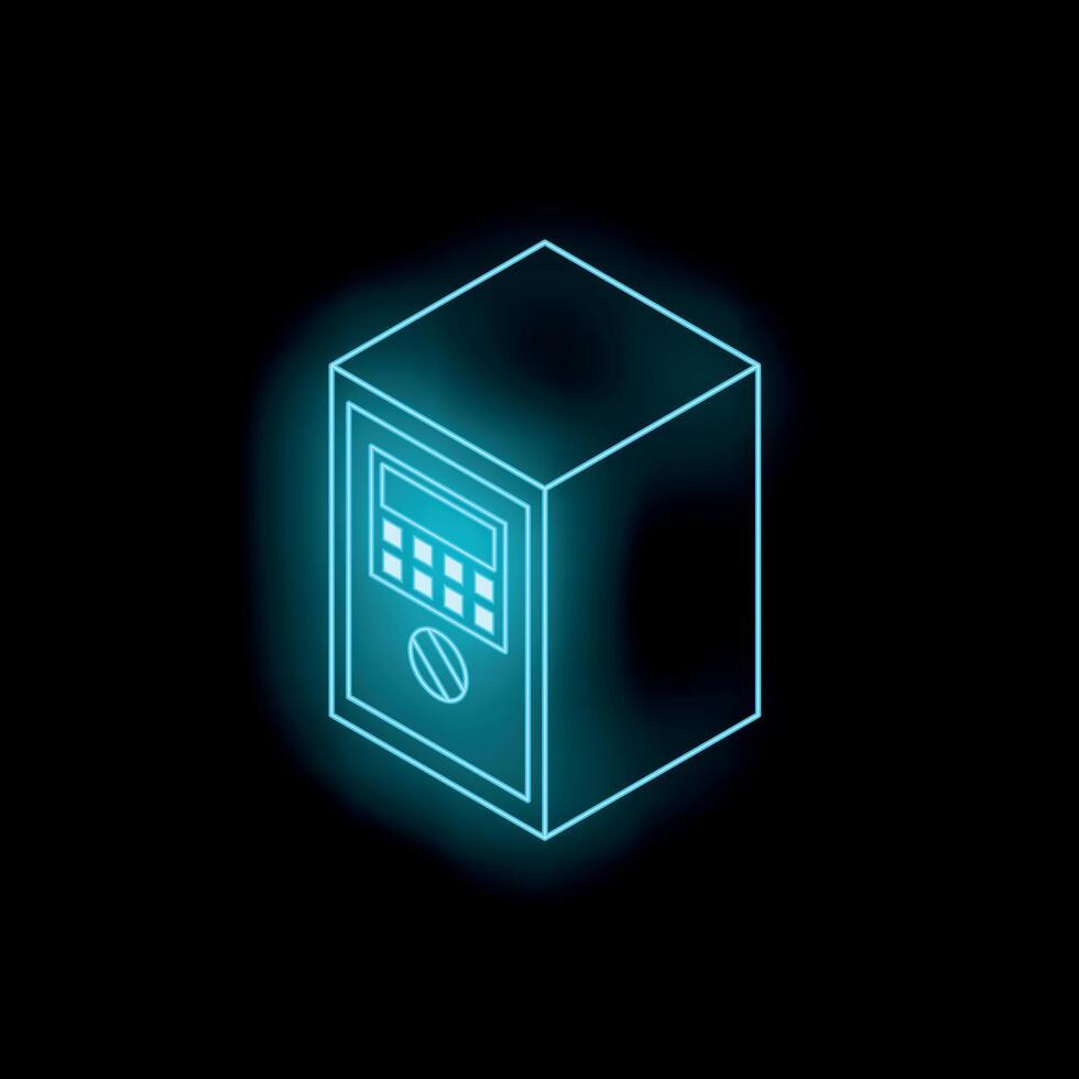 Blue neon safe deposit box glowing on dark background vector