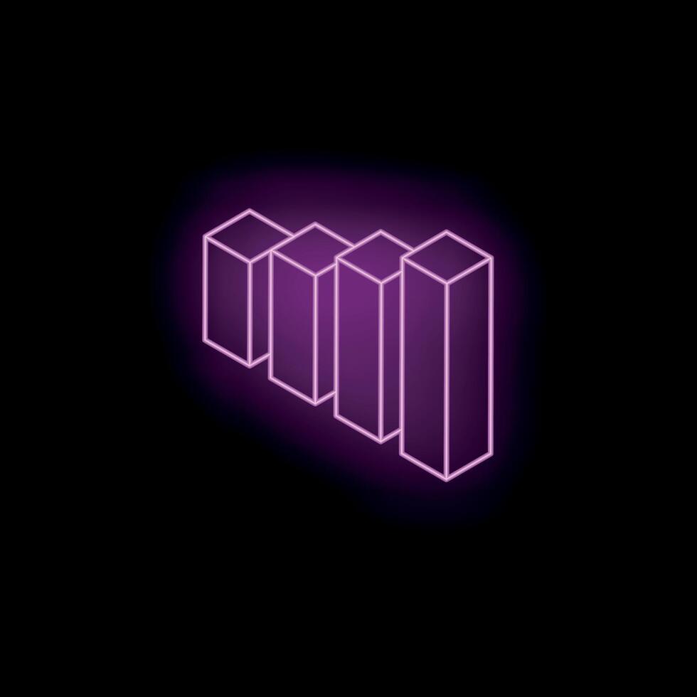 Neon bar chart showing increasing values in purple on black background vector