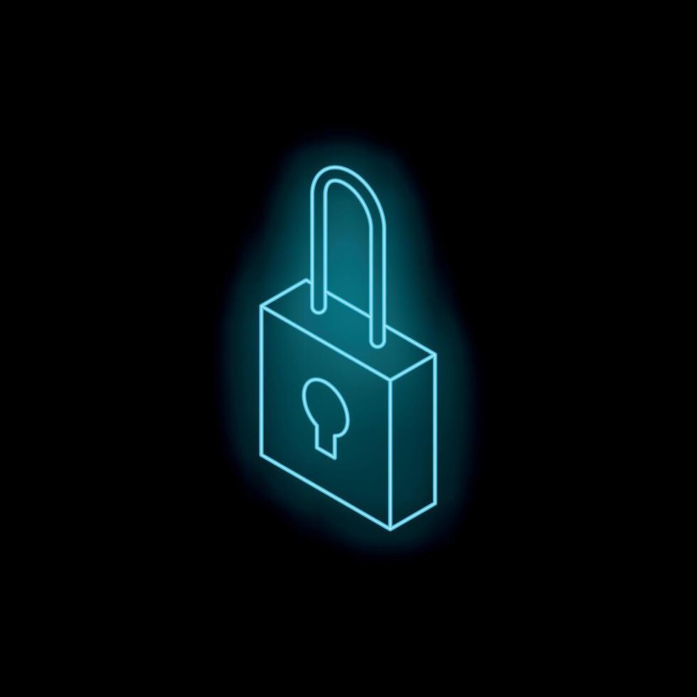 Blue neon padlock glowing on black background vector