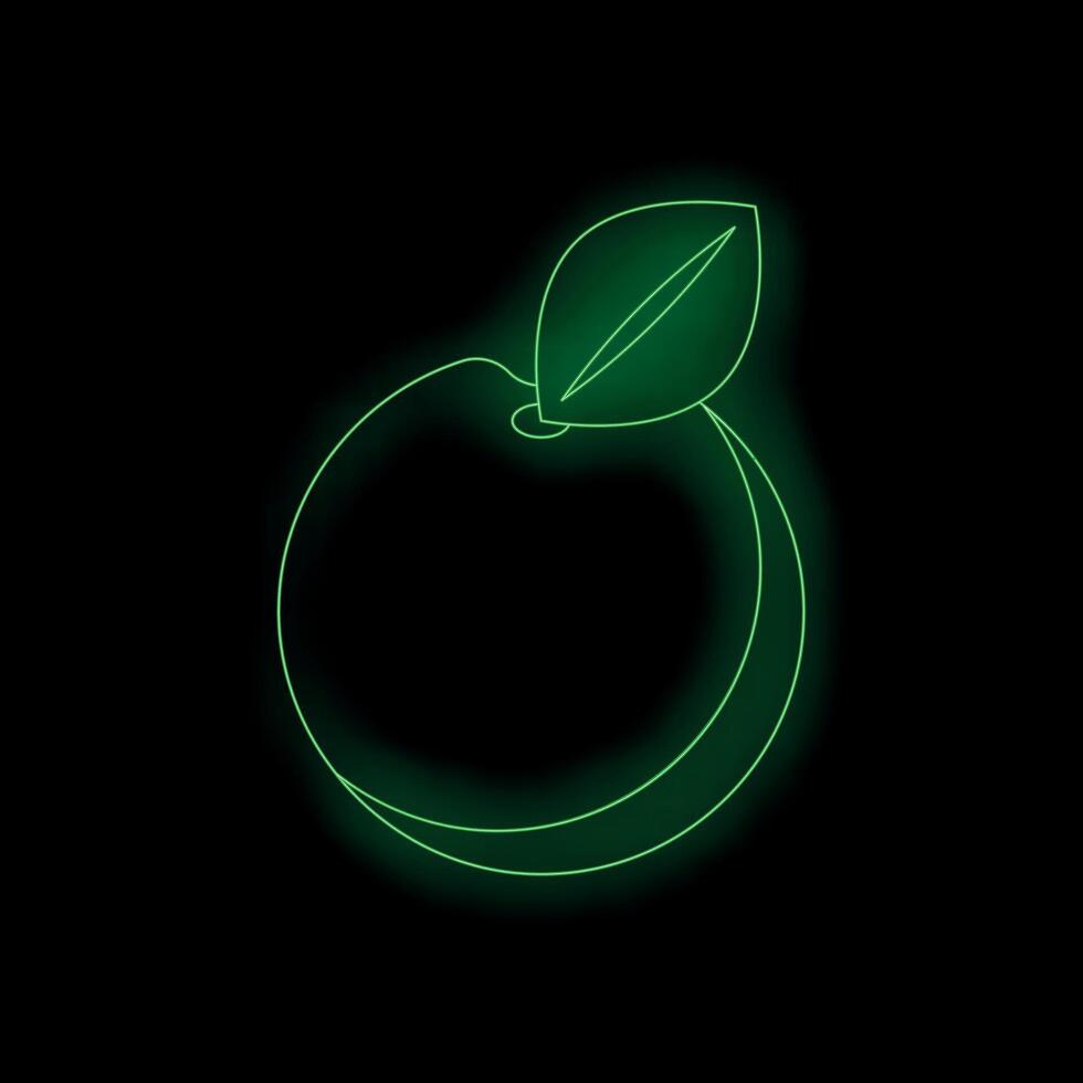 Green neon light showing a peach fruit with leaf on black background vector